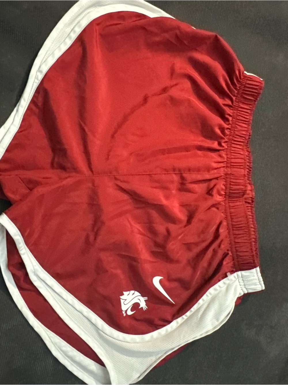 Nike Women's Red Athletic Shorts with White Trim and Swoosh